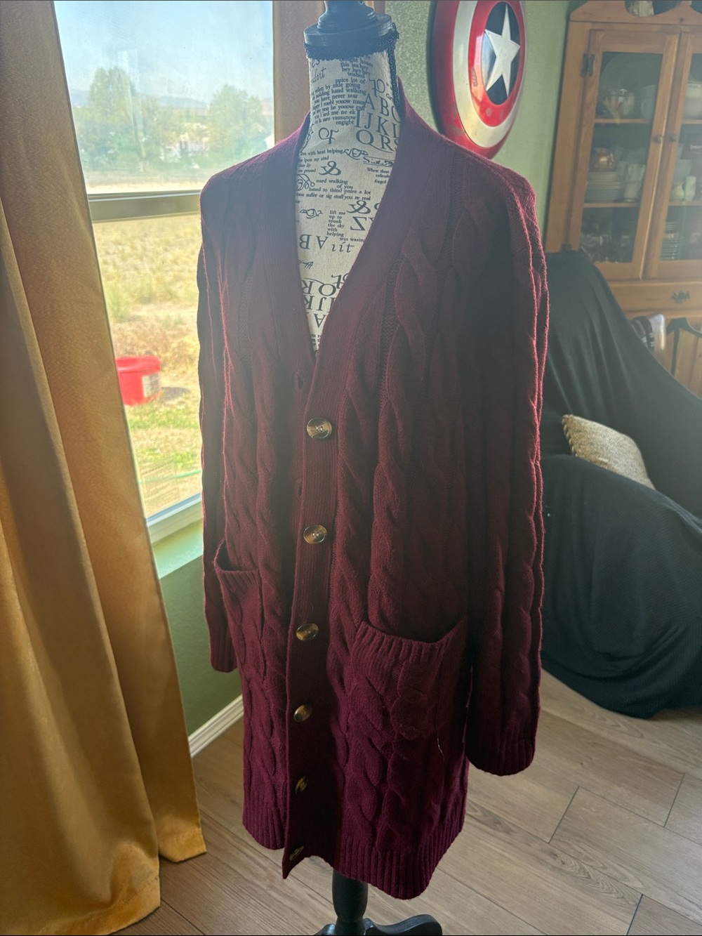 Long Cable Knit Button-Front Cardigan Jacket - Burgundy